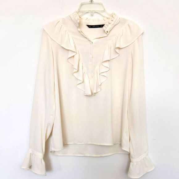 Zara Basic Collection Ivory Long-sleeve Ruffle Blouse - Picture 4 of 8